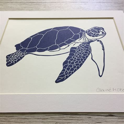 Original Linocut Print Sea Turtle Handmade Home Decor Etsy