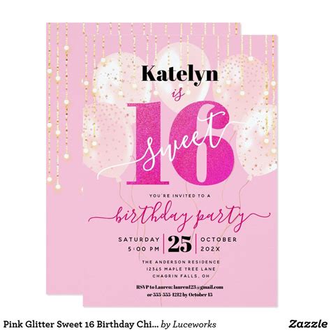 Pink Glitter Sweet 16 Birthday Chic Girly Balloons Invitation Zazzle