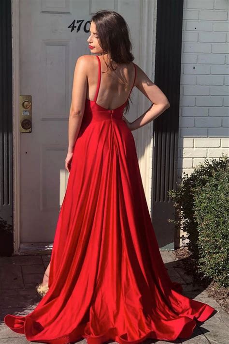A Line V Neck Backless Red Long Prom Dress With High Slit Backless Re