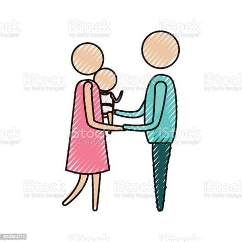 색상 크레용 실루엣 그림 여자 아기를 운반 하 고 옷에 남자의 손을 잡고 가족에 대한 스톡 벡터 아트 및 기타 이미지 가족