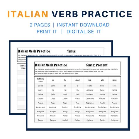 Italian Verb Conjugation Sheet Foreign Language Learning Worksheet