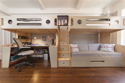Most stairs feature storage in each step. Marino Loft Bed with desk adjacent to a Marino Bunk over ...