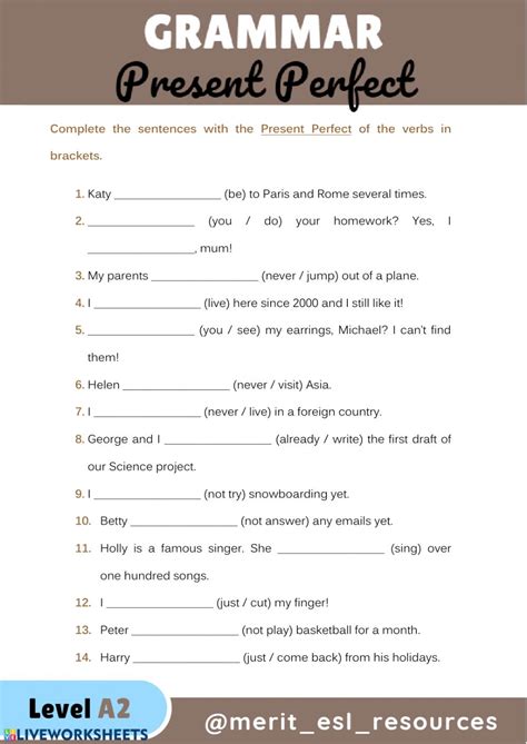 Present Perfect Online And Pdf Worksheet By Meriteslresources Quizalize