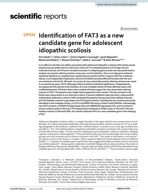 Pdf Identification Of Fat3 As A New Candidate Gene For Adolescent Idiopathic Scoliosis
