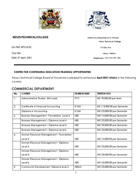 Mzuzu Technical College Announcement Of Continuing Education Training