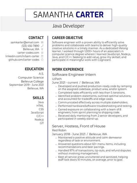 Entry Level Java Developer Resume Example Pdf Java Script