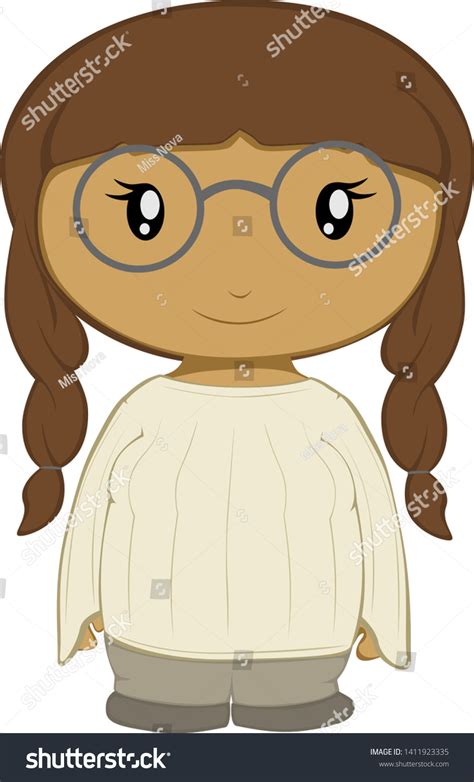 Cute Cartoon Lady Glasses Braids Wearing เวกเตอร์สต็อก ปลอดค่า