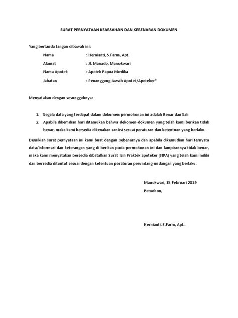 Contoh Surat Pernyataan Keabsahan Dan Kebenaran Dokumen Pdf