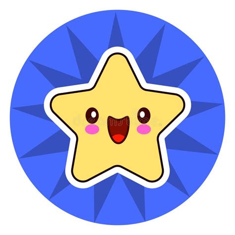 Star Face Emoticon Cute Kawaii Character On Blue Circle Stock