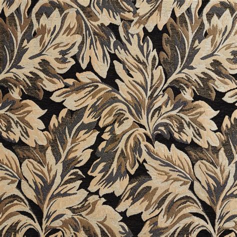Beige On Black Large Leaf Pattern Contemporary Tapestry Upholstery Fabric
