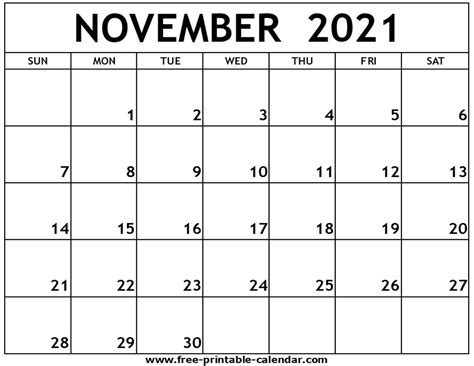 November 2021 Calendar Printable Printable World Holiday