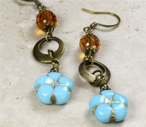 Blue And Amber Czech Glass Beaded Earrings Flower Earrings Dangle