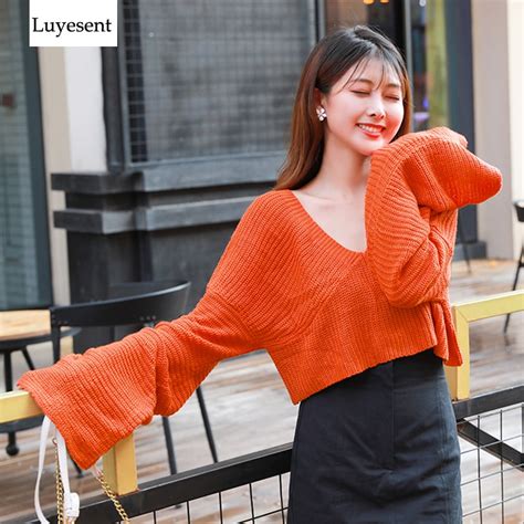 Long Flare Sleeve Lady Pullover Short Sweater 2020 Woman Solid Orange Deep V Neck Basic Loose