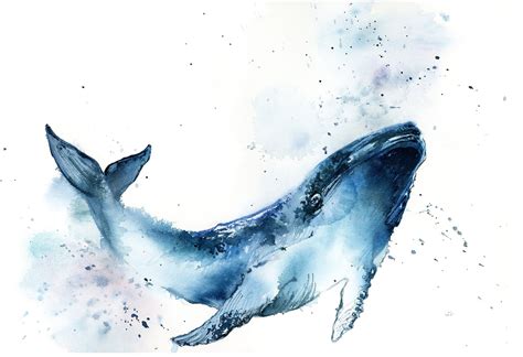 Blue Whale Original Wercolor Painting Sea Animals Artwork Modern Whale