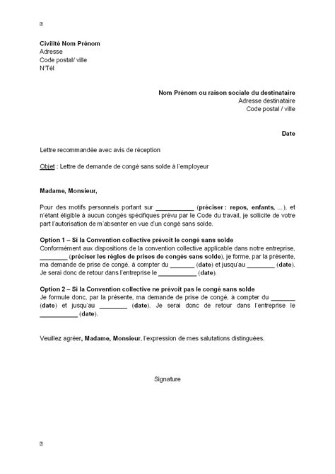 Exemple Lettre De Demande De Conge Sans Solde