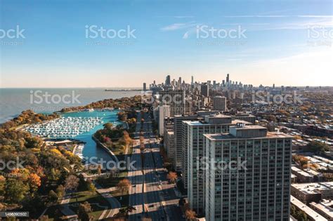 Beautiful Aerial Cityscape View Of Downtown Chicago Above Lake Shore