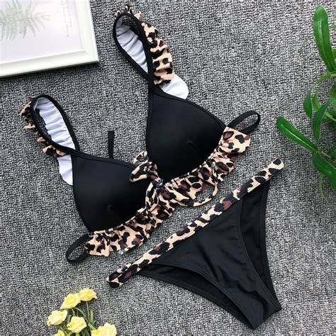 Padded Push Up Bikini Set Leopard Print Ruffles Swimsuit For Women Sexy