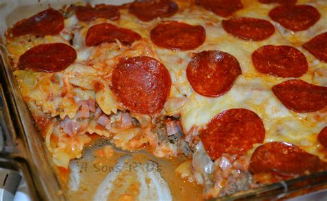 Spread pizza sauce over the dough, keeping within 1/2 inch of the edges. Meat Lover's Pizza Casserole - 4 Sons 'R' Us