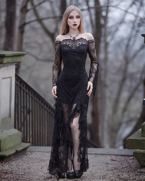 Black Romantic Gothic Lace Off The Shoulder Long Fishtail Dress Goth