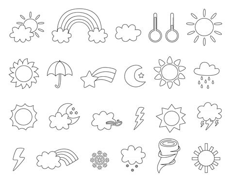 Set of cute black and white weather icons Coloring page for kids