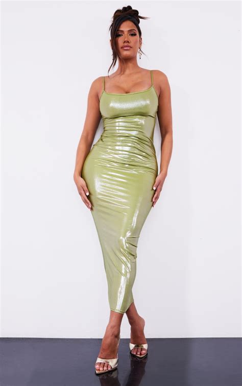 shape olive metallic strappy midaxi dress prettylittlething ca