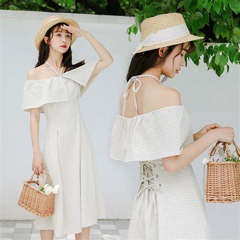 2018 Bts Harajuku Fashion Korean Party Dresses Off Shoulder Retro Sexy Sweet Lattice Strap Bow