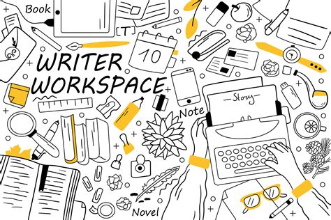Writer Workspace Doodle Set Collection Of Hand Drawn Sketches