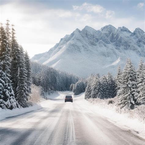 Premium Ai Image A Car Driving Down A Snowy Road With A Mountain In