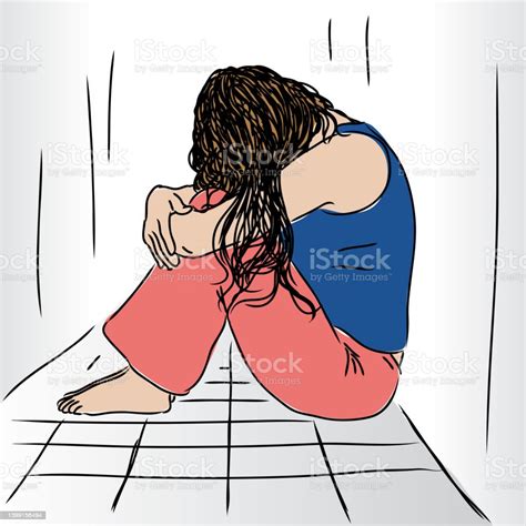Sad Woman Sitting On The Floor Stock Illustration Download Image Now