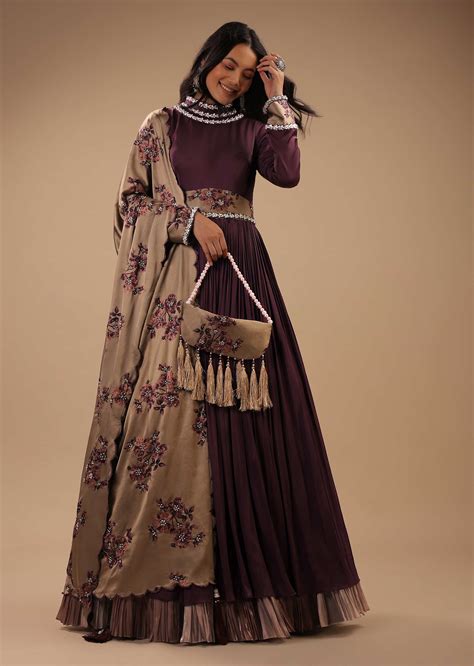buy purple anarkali suit with a floral printed dupatta and heavy stone work on collar and waist belt