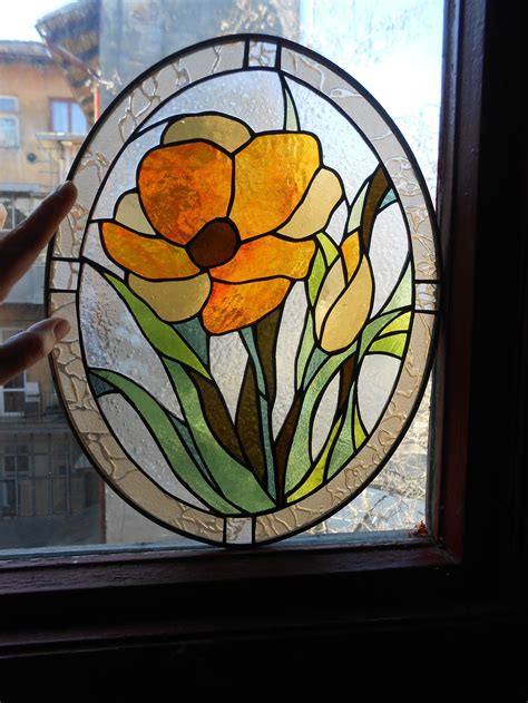 Orange Tulip Flower Stained Glass Panel Suncatcher Etsy