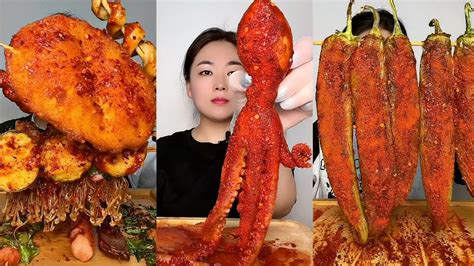 ASMR Spicy Seafood Mukbang Octopus Skewers Green Peppers