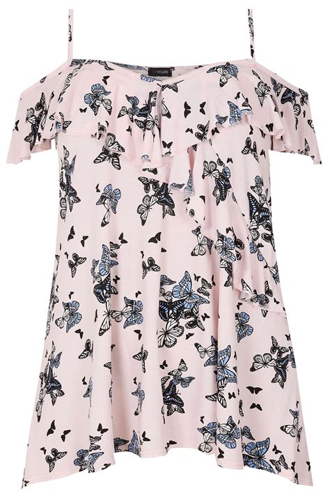 Light Pink Butterfly Print Frill Cold Shoulder Top Plus Size To