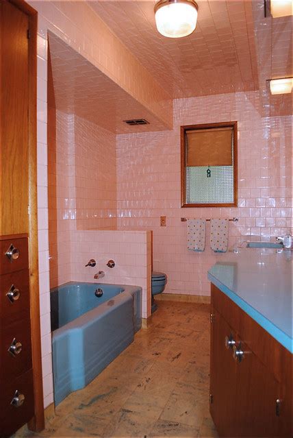 A unique bathroom tile design for a bathroom renovation, a new bathroom, a small bathroom, or ensuite will make your bathroom stand out. Mid Century Pink & Blue Bath | 1958 Portland bathroom in ...