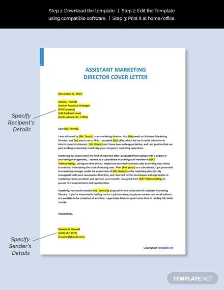 A marketing cover letter is a customized job application letter written and sent with an applicant's resume when applying for a specific marketing job. Assistant Marketing Director Cover Letter Template [Free ...