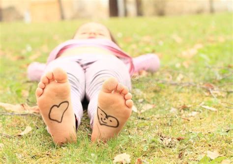 Girl With Hearts On Soles Barefoot Kid Funny Girl With Drawen Hearts