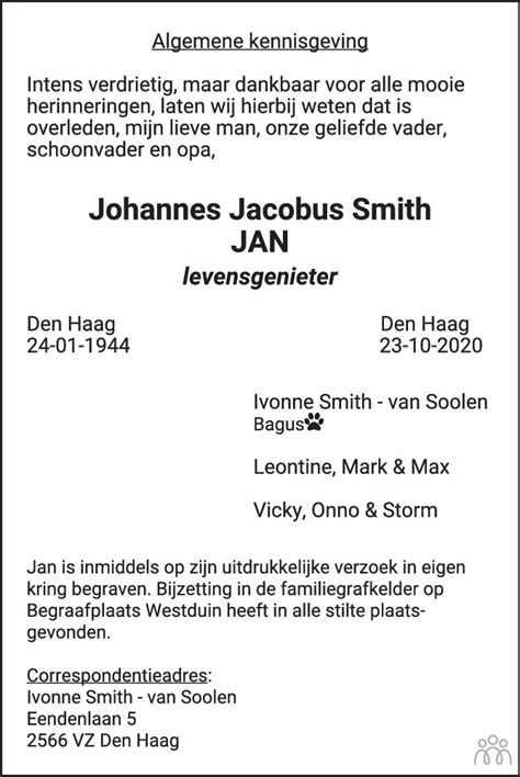 Johannes Jacobus Jan Smith Overlijdensbericht En