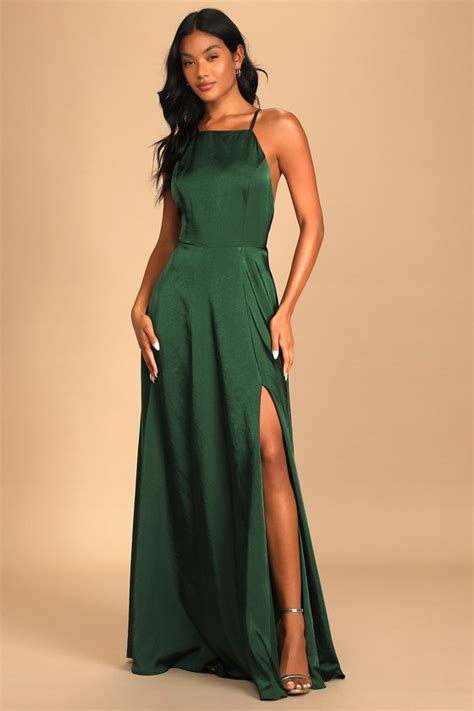 Emerald Green Maxi Satin Maxi Dress Backless Maxi Dress Lulus