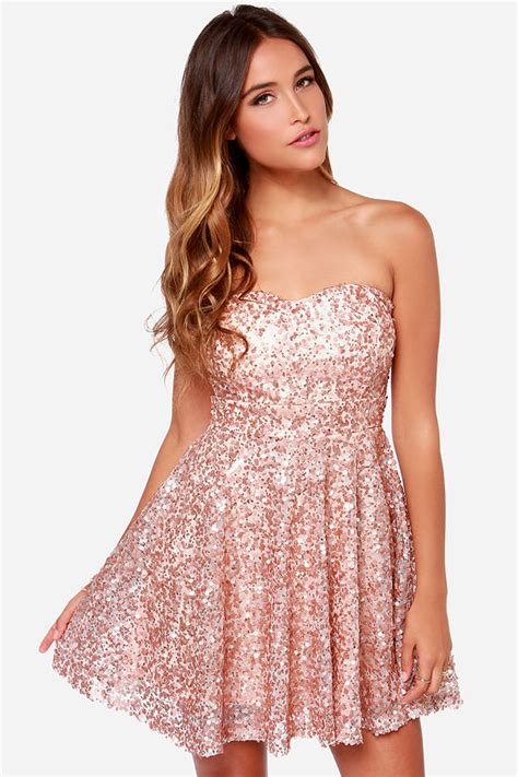Rose Gold Dress Sequin Dress Strapless Dress 5500 Lulus
