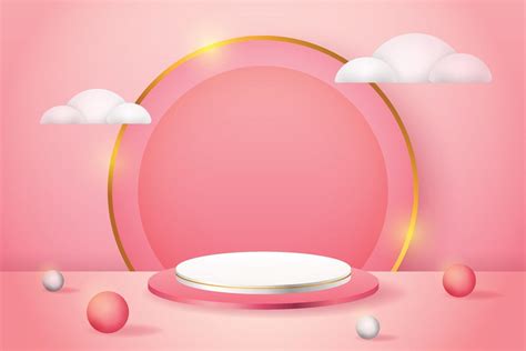 3d Product Display Pink And White Podium With Circles And White Clouds