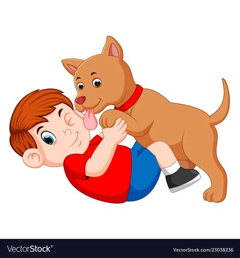 Boy Playing With Dog And Dog Licking His Owner Vector Image