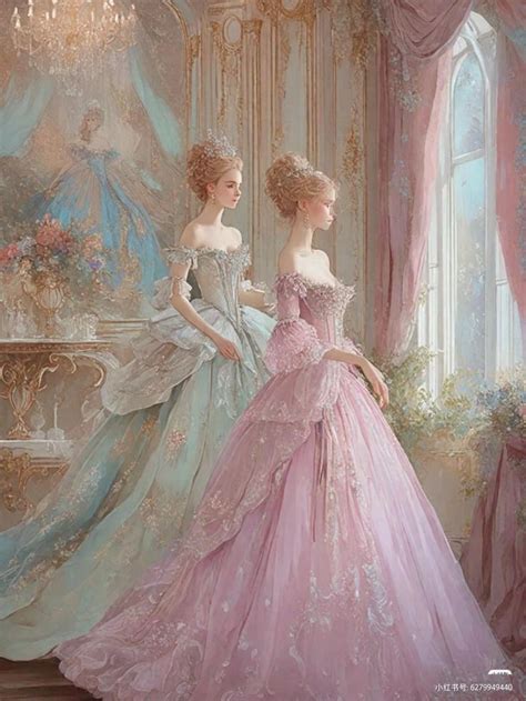 Two Women Dressed In Pink And Blue Gowns Standing Next To Each Other Near A Chandelier