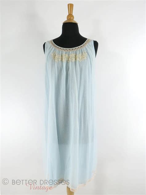 True Vintage 1960s Nightie In Light Blue Nylon Mad Man Nightgown Sm