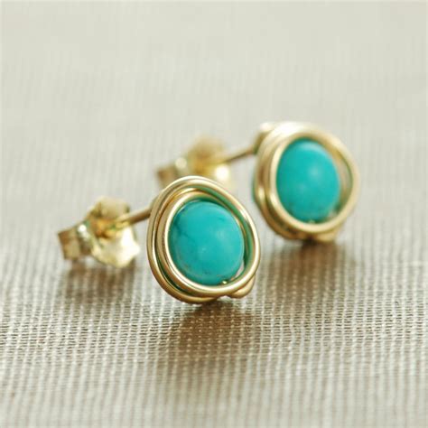 Turquoise Post Earrings Wrapped In 14k Gold Fill December Etsy