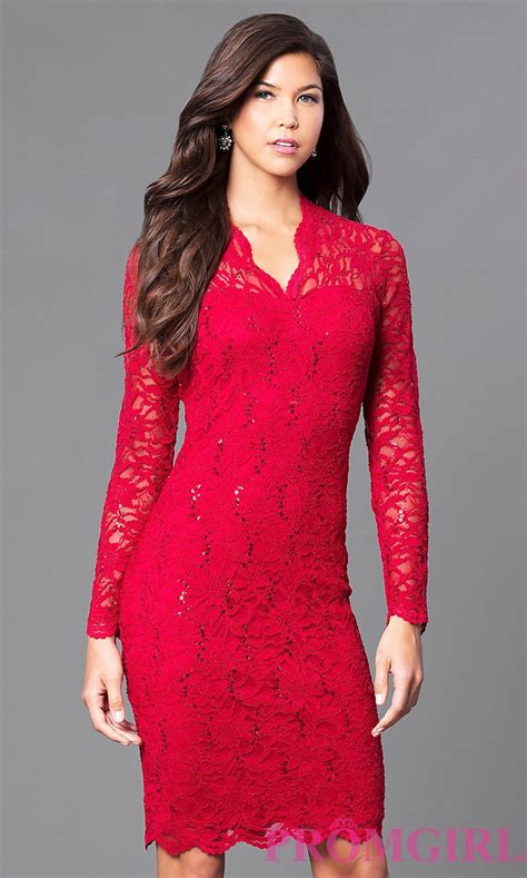 Knee Length Lace V Neck Long Sleeve Dress Red Lace Prom Dress V Neck Cocktail Dress Dresses