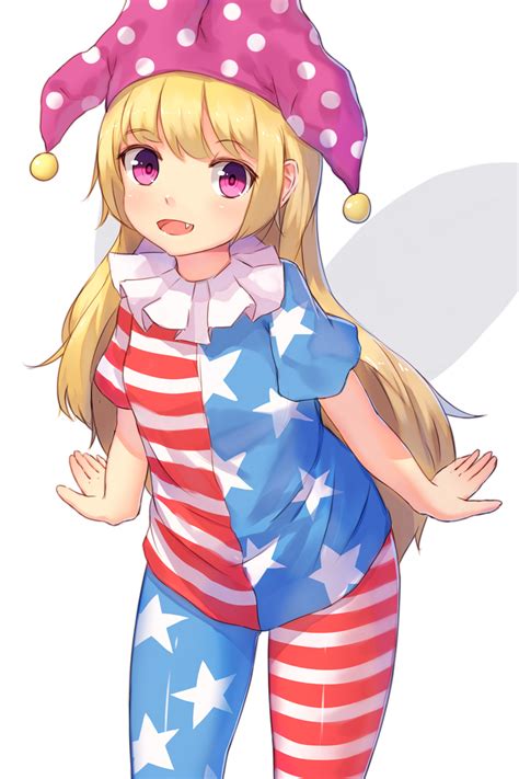 safebooru 1girl american flag legwear american flag shirt blonde hair clownpiece fairy wings