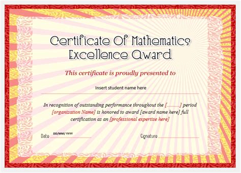 Mathematics Excellence Award Certificates Professional Certificate
