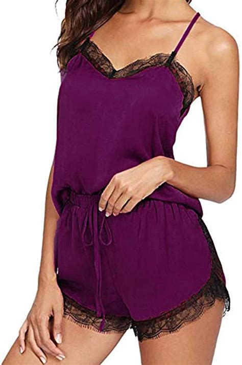 Shory Conjunto De Pijama Sexy De Satén Con Encaje Para Mujer Púrpura