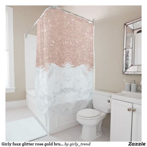 Girly Faux Glitter Rose Gold Brushstrokes Marble Shower Curtain