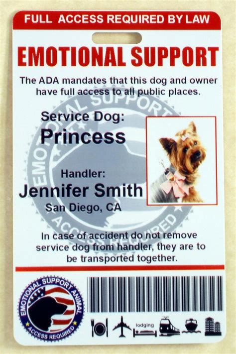 Choose from service dog, ptsd, seizure alert dog, service dog in training, medical alert, search and rescue dog, service animal, guide dog, hearing assistance, working dog, mobility dog on your tags. EMOTIONAL SUPPORT ANIMAL (ESA) ID BADGE SERVICE DOG ID ...